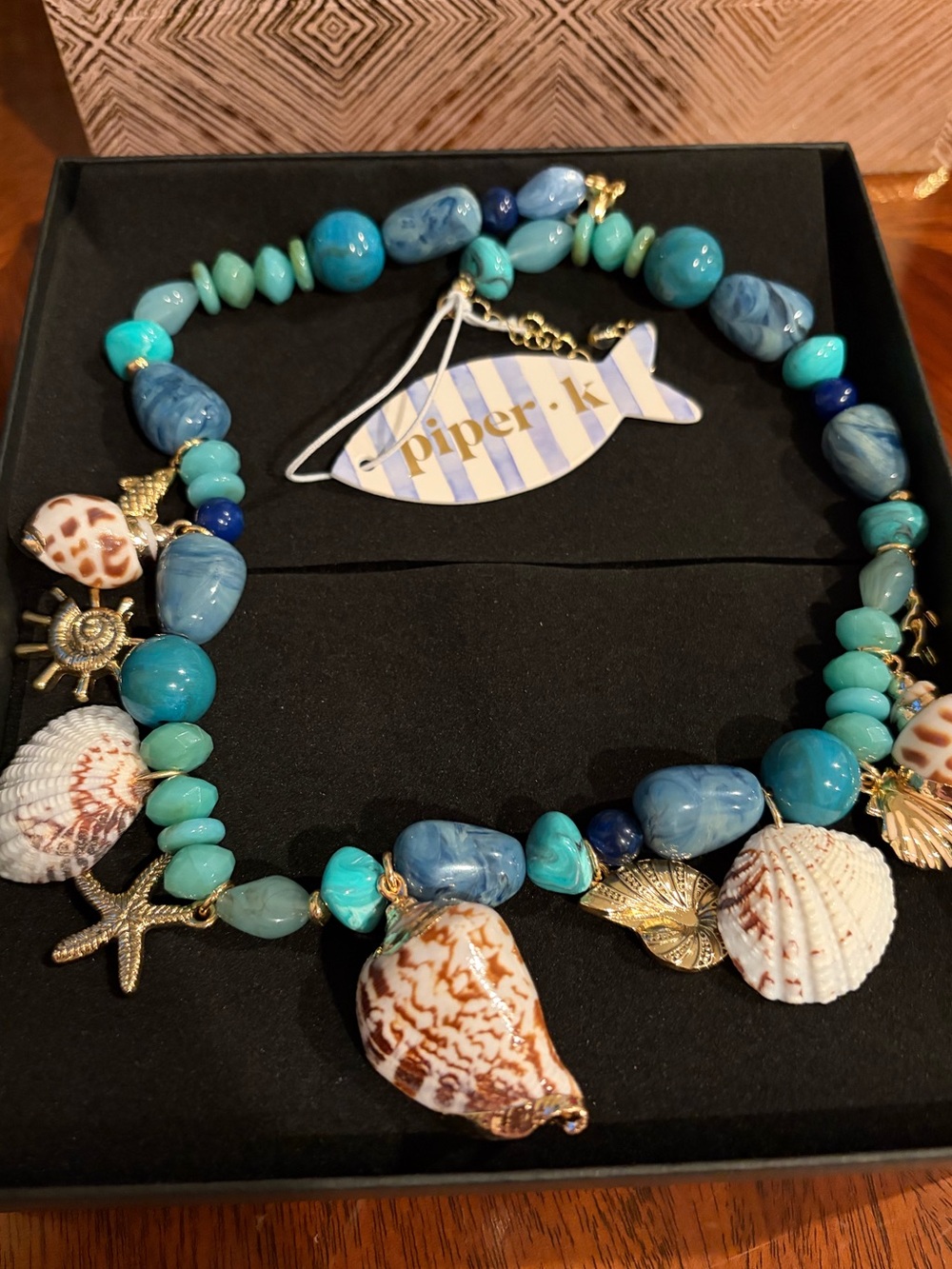 Turquoise Bead Shell Charm Necklace with Gold Accents - Women Jewelry